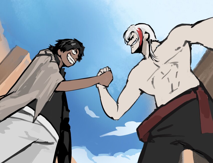 2boys black_hair black_shirt blue_sky elysium_(arknights) eye_contact grin handshake highres looking_at_another lucksup male_focus meme multiple_boys one_piece outdoors parody shirt sky smile the_one_piece_is_real_(meme) thorns_(arknights) thorns_the_lodestar_(arknights) topless_male