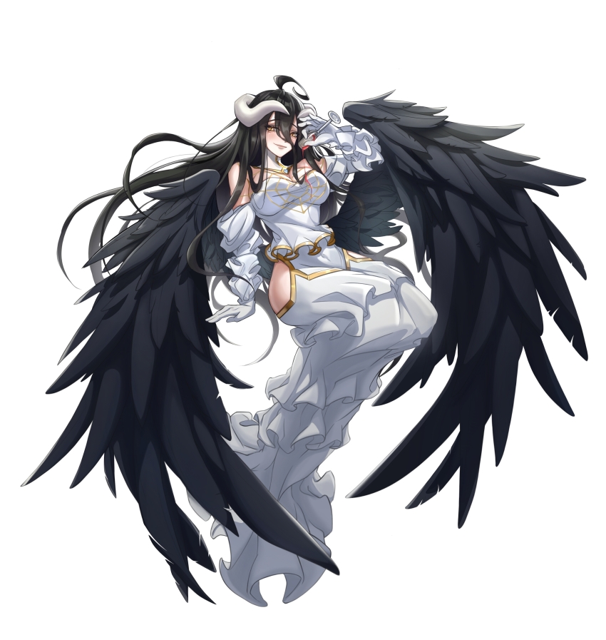 1girl absurdres albedo_(overlord) black_hair breasts cleavage demon_girl demon_horns dress gold_necklace highres horns jewelry large_breasts long_hair necklace overlord_(maruyama) sixi595678 solo