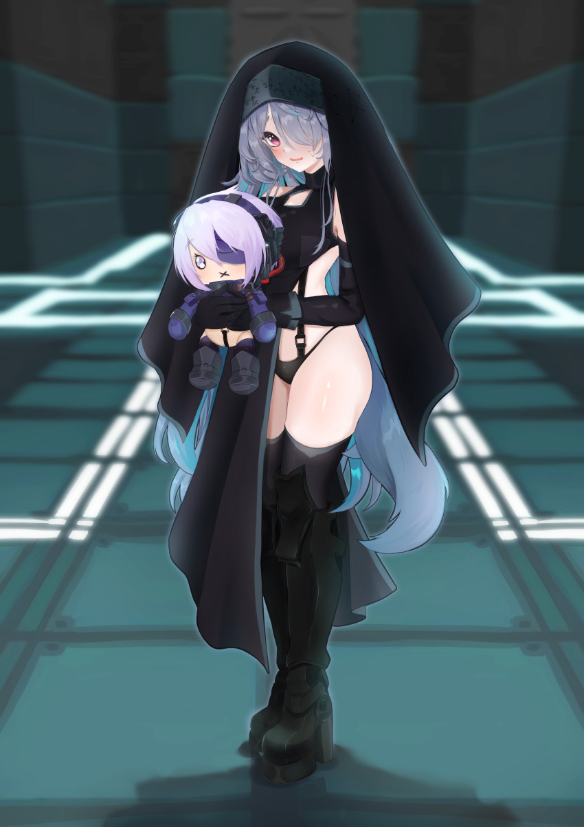 1girl alternate_eye_color armor black_gloves black_panties blue_eyes blue_hair boots commission elbow_gloves female_focus full_body gloves greaves hair_over_one_eye high_heel_boots high_heels holding holding_stuffed_toy kimithepumpkin long_hair looking_at_viewer martyr_(the_citadel) nun panties screenshot_background sister_chloe solo solo_focus standing stuffed_toy the_citadel third-party_source underwear