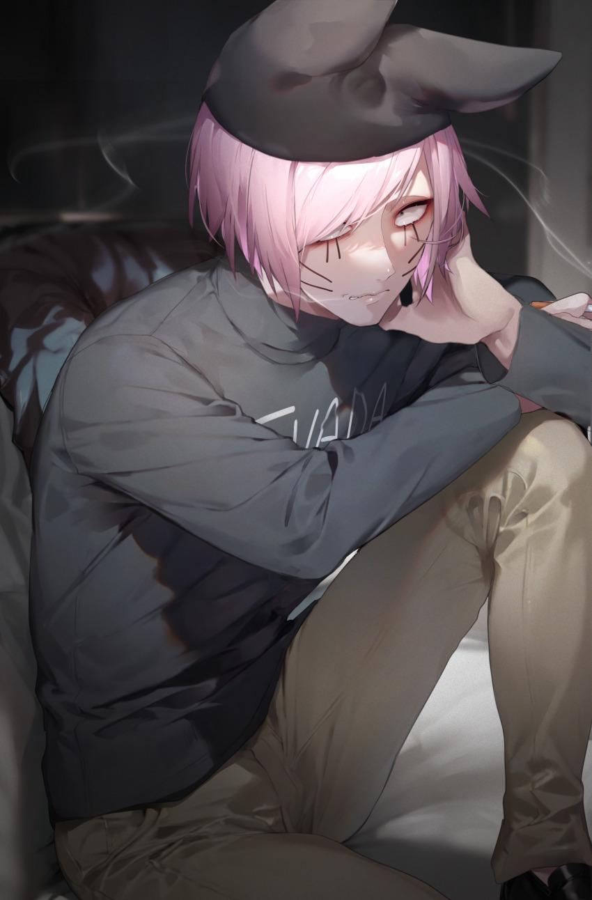 1boy absurdres alltime_natsu animal_hat black_eyes black_shirt cat_hat cigarette commentary_request facial_mark hat highres holding holding_cigarette knee_up looking_at_viewer male_focus nyen_(randal&#039;s_friends) pink_hair randal&#039;s_friends shirt short_hair sitting smoke solo sweater turtleneck turtleneck_sweater whisker_markings