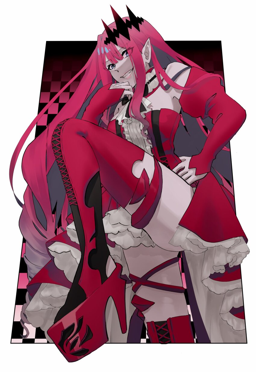 1girl absurdres baobhan_sith_(fate) baobhan_sith_(first_ascension)_(fate) bare_shoulders boots breasts detached_sleeves dress fate/grand_order fate_(series) frilled_dress frills grey_eyes hair_ornament hand_on_own_hip hand_up high_heel_boots high_heels highres leg_up long_hair looking_at_viewer pink_hair platform_heels pointy_ears red_dress sidelocks smile solo thigh_boots uzu_asc