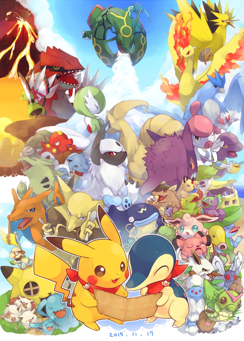 &gt;_&lt; :3 absol alakazam alternate_color articuno bad_id bad_pixiv_id badge bandana bellsprout blastoise blue_sky butterfree caterpie charizard cliff closed_eyes clothed_pokemon cloud commentary_request crossed_arms cyndaquil dated day diglett dugtrio ekans flag frown gardevoir gen_1_pokemon gen_2_pokemon gen_3_pokemon gengar golem_(pokemon) gulpin hideko_(l33l3b) highres holding jumpluff kangaskhan kecleon legendary_pokemon lombre looking_at_viewer looking_away magnemite mankey map medicham moltres ninetales nintendo nuzleaf octillery open_mouth pelipper persian pikachu pokemon pokemon_(creature) pokemon_mystery_dungeon pokemon_mystery_dungeon:_red/blue_rescue_team purple_kecleon rayquaza shiftry skarmory sky sky_tower_(pokemon) smeargle snubbull sun volcano whiscash wigglytuff wobbuffet wynaut xatu zapdos