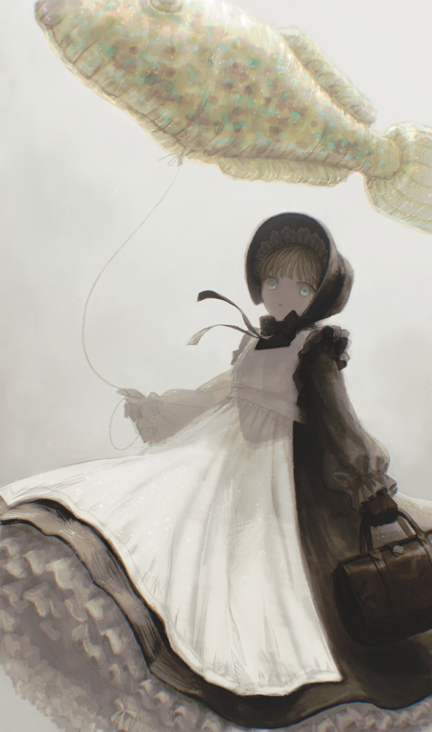 1girl absurdres apron bag balloon black_bag black_dress black_gloves blonde_hair blue_eyes bonnet cowboy_shot dress fish frilled_dress frills gloves highres holding holding_bag holding_balloon long_sleeves looking_at_viewer original short_hair solo standing white_apron yu_(lovepayon)