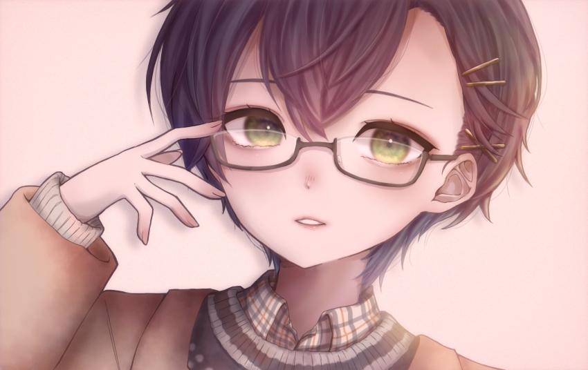 1boy eyelashes girly_boy glasses green_eyes hair_ornament hairclip highres kenmochi_touya looking_at_viewer mi_oxo_9m nijisanji parted_lips plaid_clothes plaid_shirt portrait semi-rimless_eyewear shirt short_hair simple_background solo sweater virtual_youtuber white_background