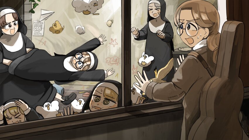 &gt;_&lt; 6+girls @_@ aged_down baby_animal bandaid bandaid_on_face bird black_footwear blonde_hair blue_eyes brown_coat brown_eyes brown_hair chicken clumsy_nun_(diva) coat commentary diva_(hyxpk) duck duckling english_commentary glasses glasses_nun&#039;s_mother_(diva) glasses_nun_(diva) grey_hair hanging_plant highres hungry_nun_(diva) instrument_case leaf_nun_(diva) little_nuns_(diva) long_hair multiple_girls nun round_eyewear spicy_nun_(diva) traditional_nun yellow_eyes