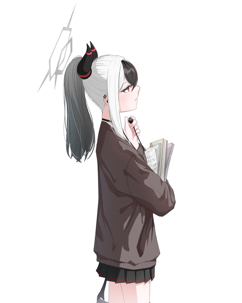 1girl absurdres black_hair black_horns black_skirt blue_archive book brown_sweater closed_mouth demon_horns ear_piercing earphones from_side gradient_hair grey_hair hashtag-only_commentary highres hit_by_hit holding holding_book holding_earphones horns hugging_book hugging_object kayoko_(blue_archive) long_sleeves multicolored_hair paper piercing ponytail red_eyes school_uniform sidelocks simple_background single_wing skirt solo standing sweater two-tone_hair white_background wings