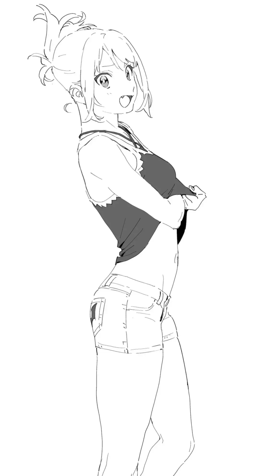 1girl denim henken highres monochrome shorts sienna_(henken) tagme