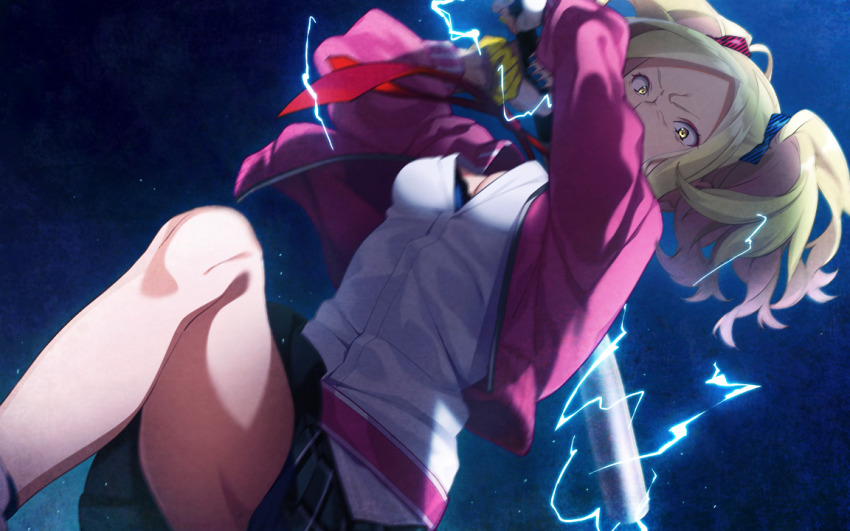 1girl baseball_bat blonde_hair blue_background blue_bow blue_bra bow bra breasts cleavage dead_days diagonal-striped_bow dress_shirt from_below game_cg holding jacket long_hair looking_at_viewer miniskirt mitsumine_aira necktie norizane open_clothes open_jacket parted_bangs pink_jacket plaid_clothes plaid_skirt pleated_skirt red_bow shirt skirt small_breasts solo striped_bow torn_clothes torn_sleeves twintails underwear v-shaped_eyebrows white_shirt yellow_eyes