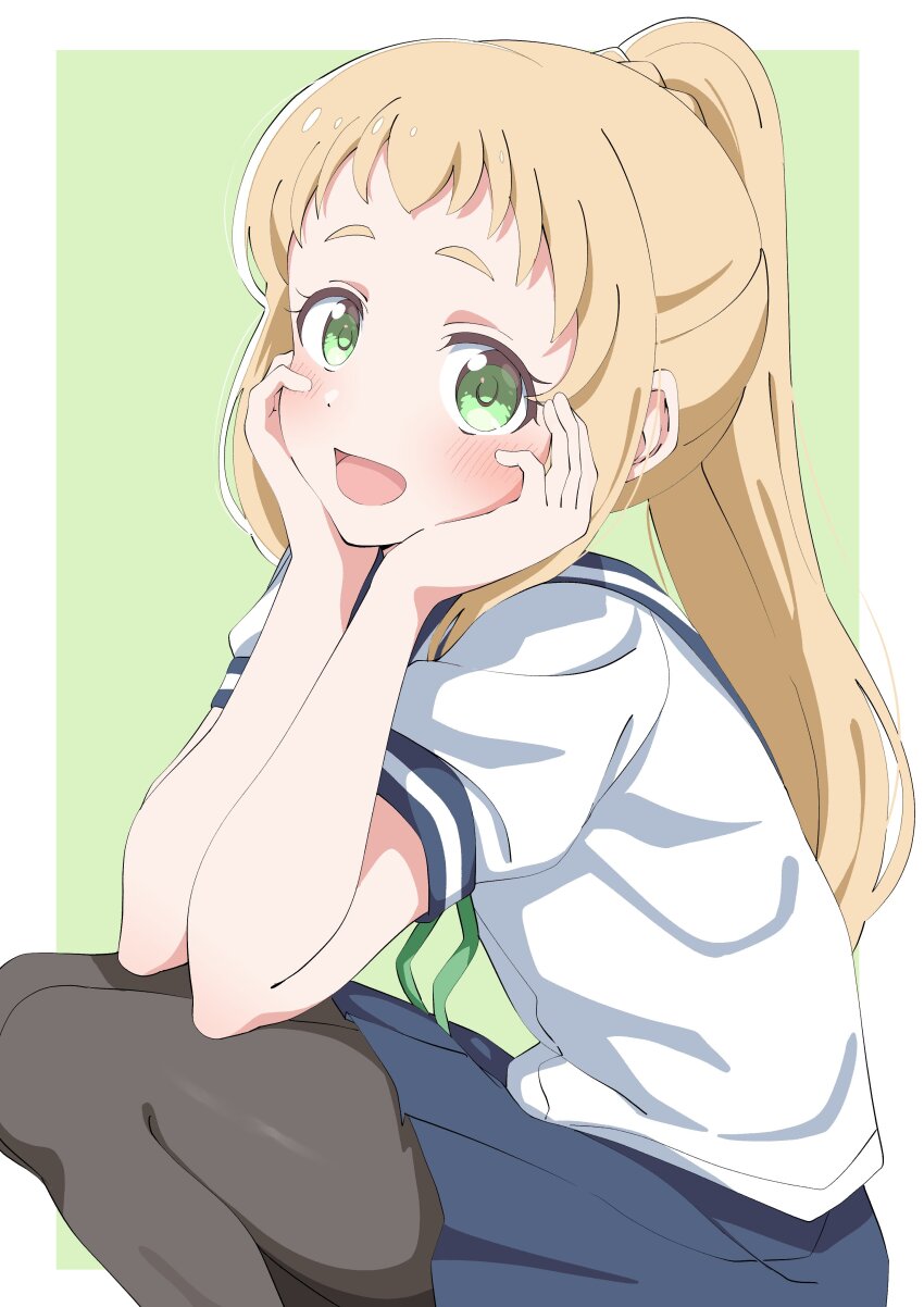 1girl absurdres black_pantyhose blonde_hair blue_skirt blush crust_gm0 dot_nose feet_out_of_frame female_focus green_eyes hands_on_own_face highres inose_mai koisuru_asteroid long_hair looking_at_viewer open_mouth pantyhose ponytail school_uniform serafuku short_sleeves simple_background skirt solo summer_uniform
