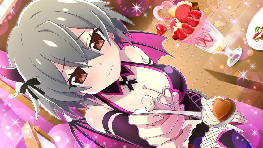 1girl angel_mort blush breasts brown_eyes cleavage closed_mouth couch cream crossed_arms demon_costume demon_horns demon_wings dutch_angle fake_horns fake_wings food fruit game_cg grey_hair hair_between_eyes highres higurashi_no_naku_koro_ni higurashi_no_naku_koro_ni_mei holding holding_spoon horns ice_cream incoming_food indoors kimiyoshi_kazuho lens_flare looking_at_viewer non-web_source official_art on_couch pov restaurant short_hair shy smile solo sparkle spoon strawberry sundae table waitress wings wooden_floor