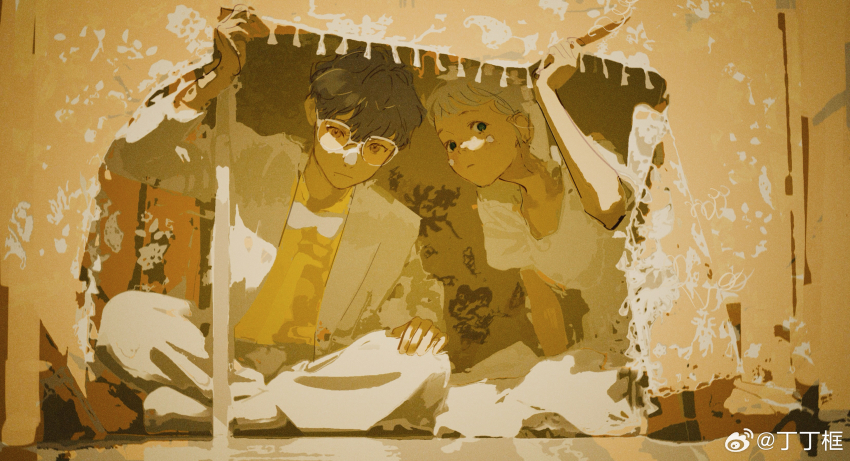 1boy 1girl ami_(fusheng_yi_xi) blonde_hair blue_eyes dress fusheng_yi_xi glasses grey_hair hand_on_own_leg highres indian_style jacket looking_at_viewer markings_on_cheeks mia_(fusheng_yi_xi) open_clothes open_jacket sheya_tin sitting tent watermark weibo_username weibo_watermark yellow_theme