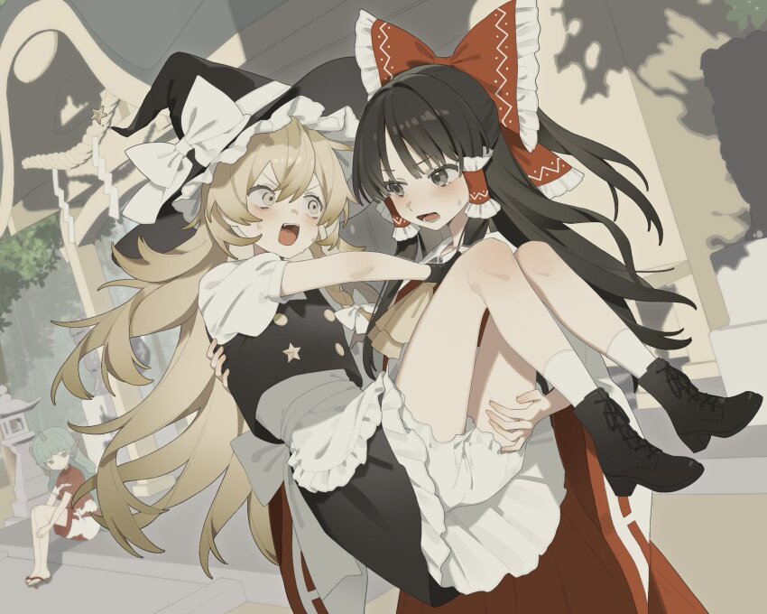 apron ascot black_boots black_gloves black_hair black_hat black_skirt black_vest blonde_hair bloomers blush boots bow brown_sandals carrying carrying_person collared_shirt detached_sleeves frilled_bow frilled_hair_tubes frilled_skirt frills geta gloves green_hair hair_bow hair_tubes hakurei_reimu hashtag-only_commentary hat hat_bow highres horns kariyushi_shirt kirisame_marisa komainu_ears komainu_girl komano_aunn long_hair open_mouth puffy_short_sleeves puffy_sleeves rcs_4 red_bow red_shirt red_skirt ribbon-trimmed_sleeves ribbon_trim sandals shirt short_sleeves sidelocks single_horn sitting skirt skirt_set sleeveless sleeveless_shirt socks touhou underwear v-shaped_eyebrows vest waist_apron white_apron white_bloomers white_bow white_shirt white_sleeves white_socks wide_sleeves witch_hat yellow_ascot yellow_eyes