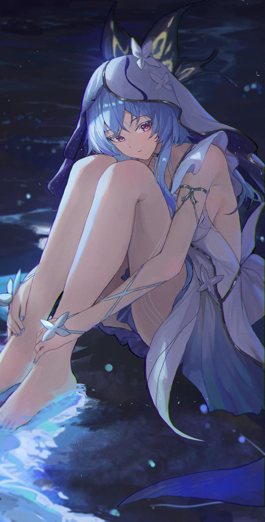 1girl absurdres armlet bare_legs barefoot blue_hair blue_nails blue_veil colored_eyelashes commentary dress feet highres jewelry jianjia knees_up legs looking_at_viewer nail_polish purple_eyes shorekeeper_(wuthering_waves) sitting sleeveless sleeveless_dress solo toes two-tone_veil veil water white_dress white_veil wuthering_waves