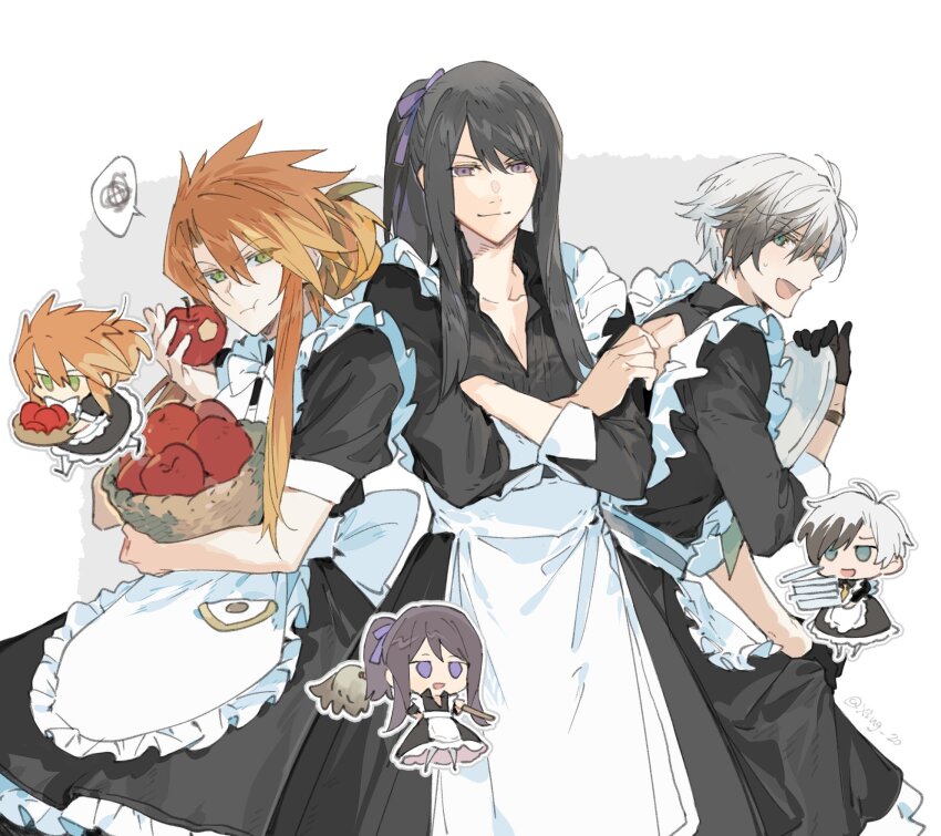 3boys :t alternate_costume apple apron back_bow basket black_dress black_eyes black_gloves black_hair bow chibi chibi_inset crossdressing crossed_arms dress eating enmaided food frilled_apron frills fruit gloves green_eyes hair_between_eyes hair_bun hair_ribbon highres holding holding_basket holding_food holding_fruit holding_mop holding_plate in-franchise_crossover long_hair long_sleeves ludger_will_kresnik luke_fon_fabre maid mop multiple_boys orange_hair plate plate_stack purple_ribbon ribbon short_sleeves simple_background single_hair_bun spoken_squiggle squiggle tales_of_(series) tales_of_the_abyss tales_of_vesperia tales_of_xillia tales_of_xillia_2 white_apron white_bow white_hair xing_20 yuri_lowell