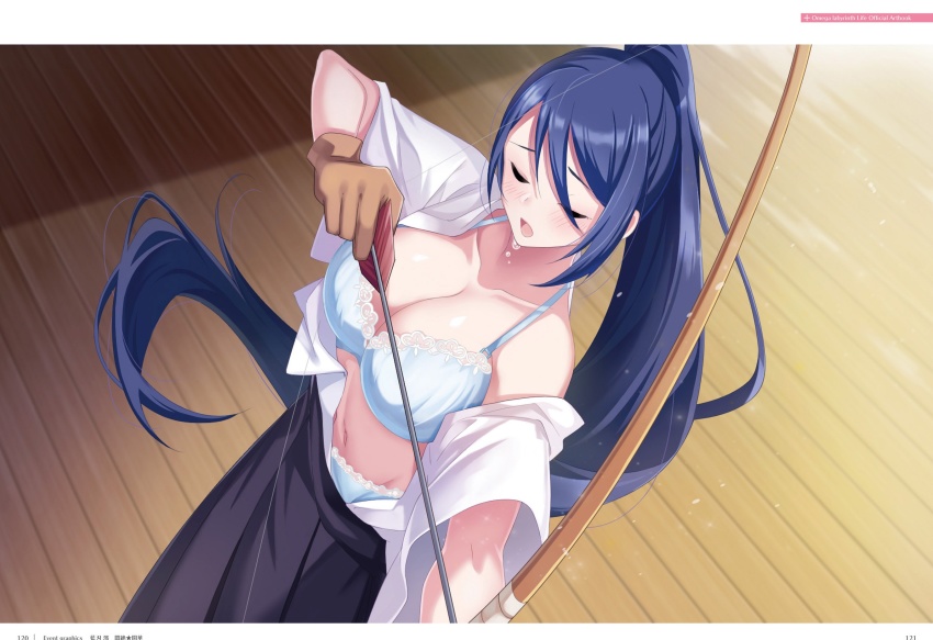 1girl aiba_mio archery arrow_(projectile) blue_bra blue_hair blue_panties blush bow_(weapon) bra breasts cleavage closed_eyes female_focus floating_hair floor from_above gloves hakama hakama_skirt hand_up high_ponytail highres holding holding_bow_(weapon) holding_weapon indoors japanese_clothes kyuudou large_breasts long_hair navel off_shoulder official_art omega_labyrinth omega_labyrinth_life open_clothes open_mouth original page_number panties partially_fingerless_gloves partly_fingerless_gloves ponytail skirt solo standing sweat u35 underwear very_long_hair wardrobe_malfunction weapon wooden_floor yugake