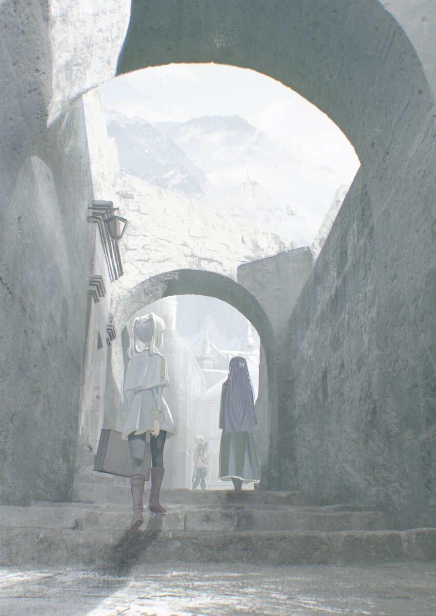 1boy 2girls arch axe battle_axe black_coat black_pantyhose brown_footwear building capelet castle coat commentary_request double-sided_axe elf fern_(sousou_no_frieren) frieren from_behind full_body highres holding holding_suitcase lantern long_hair mountainous_horizon multiple_girls muted_color outdoors overcast pantyhose pointy_ears purple_hair reiartdayo revision skirt sky sousou_no_frieren stairs stark_(sousou_no_frieren) stone_floor stone_wall suitcase twintails wall weapon weapon_on_back white_capelet white_hair white_skirt white_sky white_theme