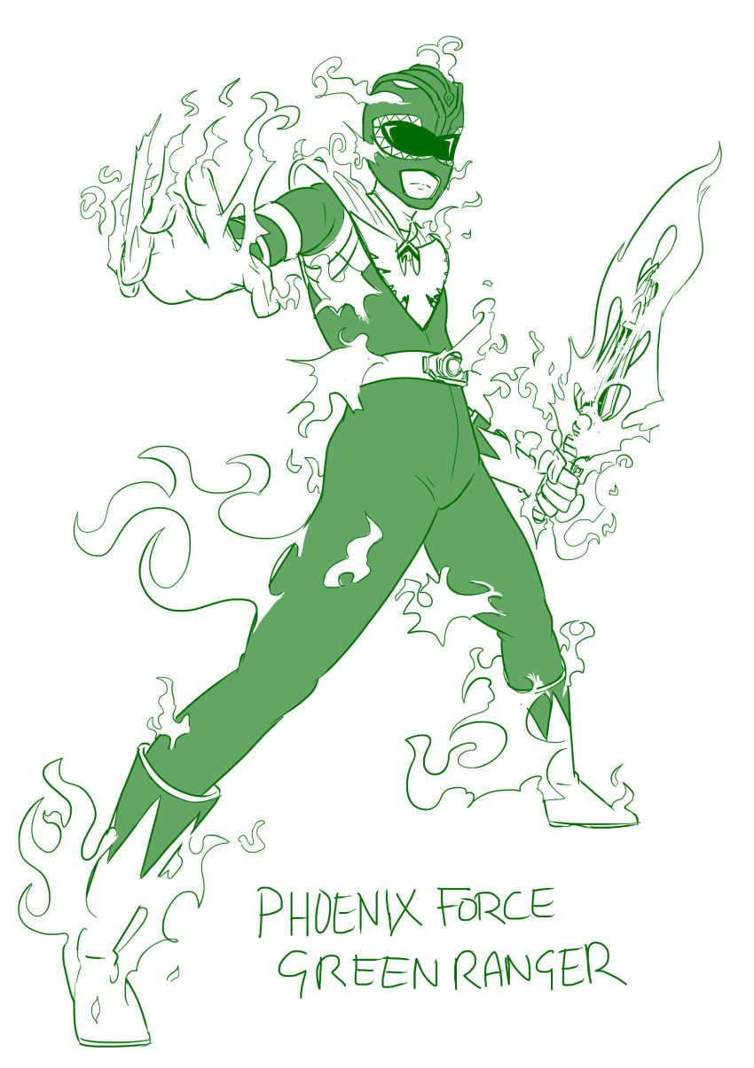 1boy absurdres arm_guards armor belt bodysuit boots dagger dino_buckler dragon_ranger fire full_body gloves gold_armor gold_trim green_bodysuit greyscale helmet highres holding holding_dagger holding_knife holding_weapon knife male_focus marvel mattwilson83 mighty_morphin_green_ranger mighty_morphin_power_rangers monochrome phoenix_(x-men) power_rangers shoulder_armor solo tommy_oliver weapon x-men