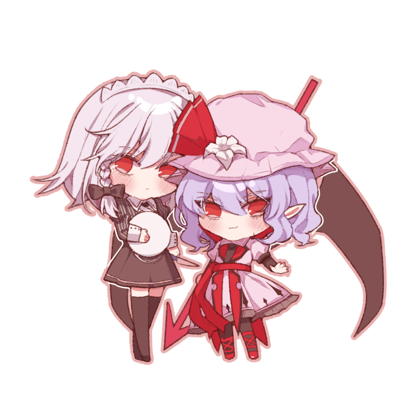 2girls bat_wings black_shirt black_skirt blue_hair blush braid chibi chibi_only dress flower grey_hair hat hat_flower hat_ribbon highres holding holding_plate iwakoo izayoi_sakuya knife koumajou_densetsu looking_at_viewer maid maid_headdress mob_cap multiple_girls pink_dress pink_hat plate red_eyes red_ribbon remilia_scarlet ribbon shirt short_hair simple_background skirt smile spear_the_gungnir striped_clothes striped_shirt thighhighs touhou twin_braids white_background white_flower wings