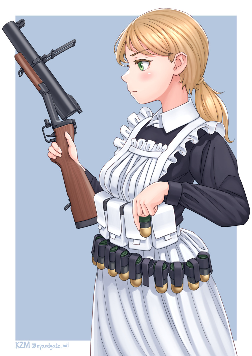 1girl 40x46_lv_hedp_m433 40x46mm_lv absurdres ammunition ammunition_pouch apron artist_name bandolier belt black_shirt blonde_hair blue_background blush border break-action_grenade_launcher break_action chest_rig closed_mouth collared_shirt commentary_request dress explosive feet_out_of_frame flip-up_sight frilled_apron frills from_side green_eyes grenade grenade_cartridge grenade_launcher gun hair_behind_ear hair_tie highres holding holding_gun holding_weapon kzm_(sub-moa_works) long_sleeves looking_at_object looking_to_the_side m79 maid maid_apron medium_hair original outside_border partial_commentary ponytail pouch profile reloading shirt simple_background skirt solo twitter_username two-tone_dress weapon white_apron white_border white_shirt white_skirt