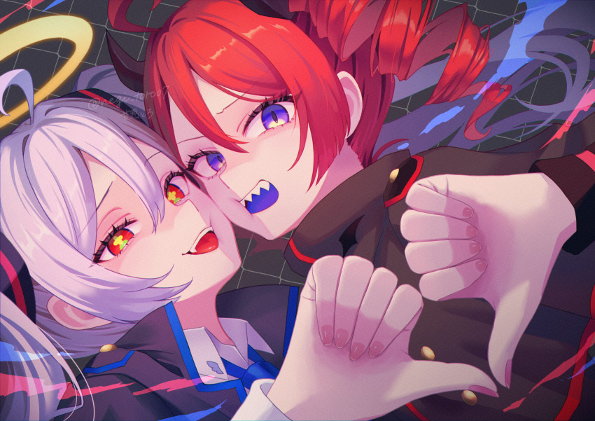 2girls :d alternate_costume black_background black_horns black_jacket blue_eyes commentary_request daidaidaidaidaikirai drill_hair fang fingernails hair_between_eyes halo hatsune_miku highres horns jacket kasane_teto looking_at_viewer multiple_girls nagi-negitoro open_mouth pink_nails red_eyes red_hair sharp_teeth side_drill side_ponytail smile symbol-shaped_pupils teeth thumbs_down traditional_halo upper_body upper_teeth_only utau vocaloid white_hair