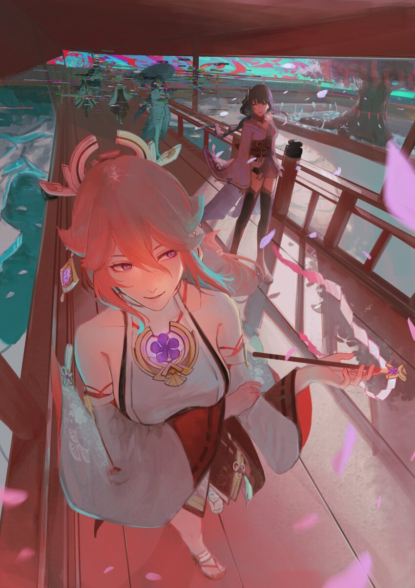 1boy 5girls absurdres animal_ear_piercing animal_ears bare_shoulders black_thighhighs blunt_bangs braid cherry_blossoms chiyo_(genshin_impact) closed_mouth collarbone detached_sleeves faceless faceless_female faceless_male falling_petals fox_ears fox_girl friends from_above from_side genshin_impact glitch hair_between_eyes hair_ornament headpiece highres holding holding_umbrella hyakuokumen japanese_clothes jewelry kimono kitsune_saiguu long_braid long_hair long_sleeves looking_to_the_side makoto_(genshin_impact) motion_blur multiple_girls neck_ribbon nontraditional_miko oil-paper_umbrella outdoors parted_lips pendant petals pink_hair pink_petals purple_eyes purple_hair purple_kimono raiden_shogun red_ribbon red_sash ribbon sasayuri_(genshin_impact) sash shade shadow single_braid smile standing thighhighs tree umbrella walking water wide_sleeves yae_miko