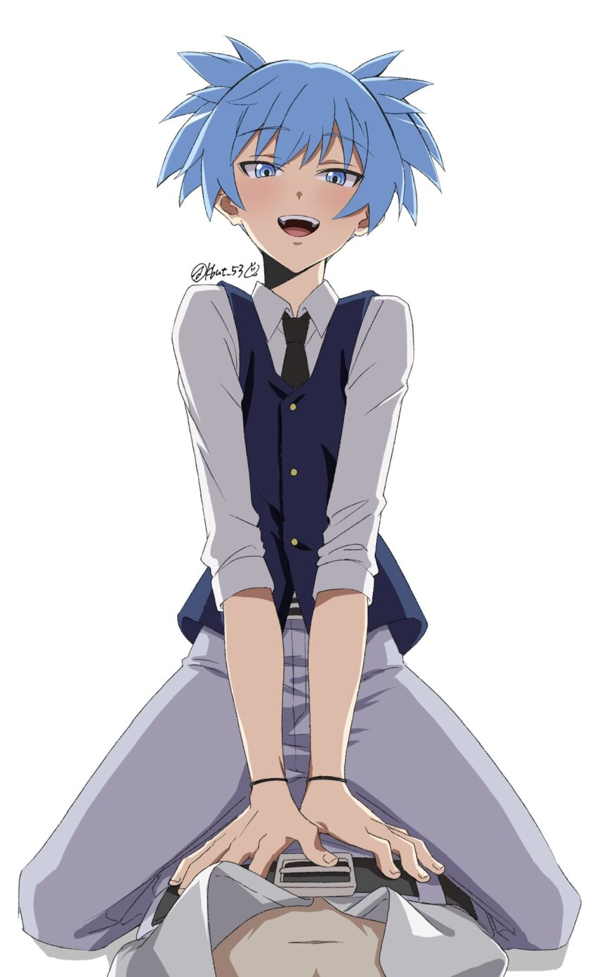 2boys :d akabane_karma ansatsu_kyoushitsu backlighting belt black_belt black_necktie blue_eyes blue_hair blue_vest blush collared_shirt feet_out_of_frame grey_pants hair_between_eyes hair_tie_on_wrist hands_on_another&#039;s_crotch highres kbut_53 kunugigaoka_middle_school_uniform looking_at_viewer looking_down male_focus multiple_boys necktie open_clothes open_mouth open_shirt pants school_uniform shiota_nagisa shirt shirt_tucked_in short_twintails simple_background sitting sitting_on_person sleeves_rolled_up smile straddling teeth twintails twitter_username upper_teeth_only vest white_background white_shirt yaoi