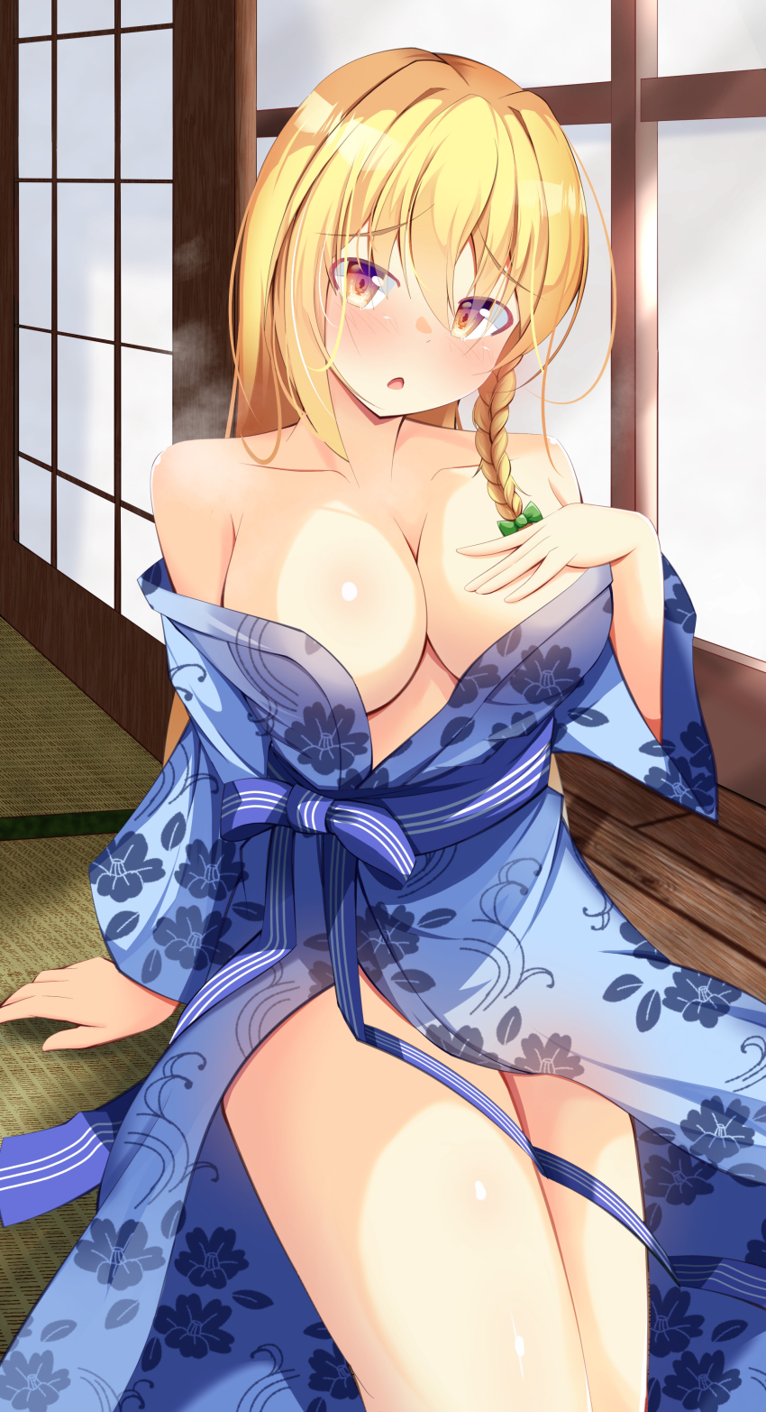 1girl :o absurdres arm_support bare_shoulders blonde_hair blue_kimono blue_sash bow braid breasts breath cleavage collarbone commentary_request floral_print floral_print_kimono green_bow hair_bow hair_ribbon hand_on_own_chest head_tilt highres indoors japanese_clothes kimono kirisame_marisa large_breasts legs_together looking_at_viewer naked_kimono obi open_clothes open_mouth polka_dot polka_dot_background print_kimono ribbon sash shadow shiny_skin shiso_gohan shouji single_braid sitting sliding_doors solo tatami thighs touhou yellow_eyes yukata ||/