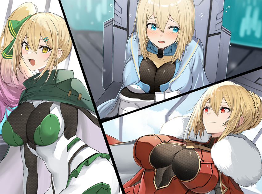 3girls angelica_rapha_redgrave averting_eyes blonde_hair blue_eyes blush bob_cut bodysuit breasts bun_with_braided_base cape capelet cleavage cleavage_cutout clothing_cutout fur-trimmed_cape fur_trim gradient_hair jacket large_breasts luse_maonang multicolored_hair multiple_girls noelle_zel_lespinasse novel_illustration official_art olivia_(mobseka) open_clothes open_jacket open_mouth otome_game_sekai_wa_mob_ni_kibishii_sekai_desu paneled_background pink_hair raised_inner_eyebrows red_eyes second-party_source see-through_clothes side_ponytail sitting smile yellow_eyes