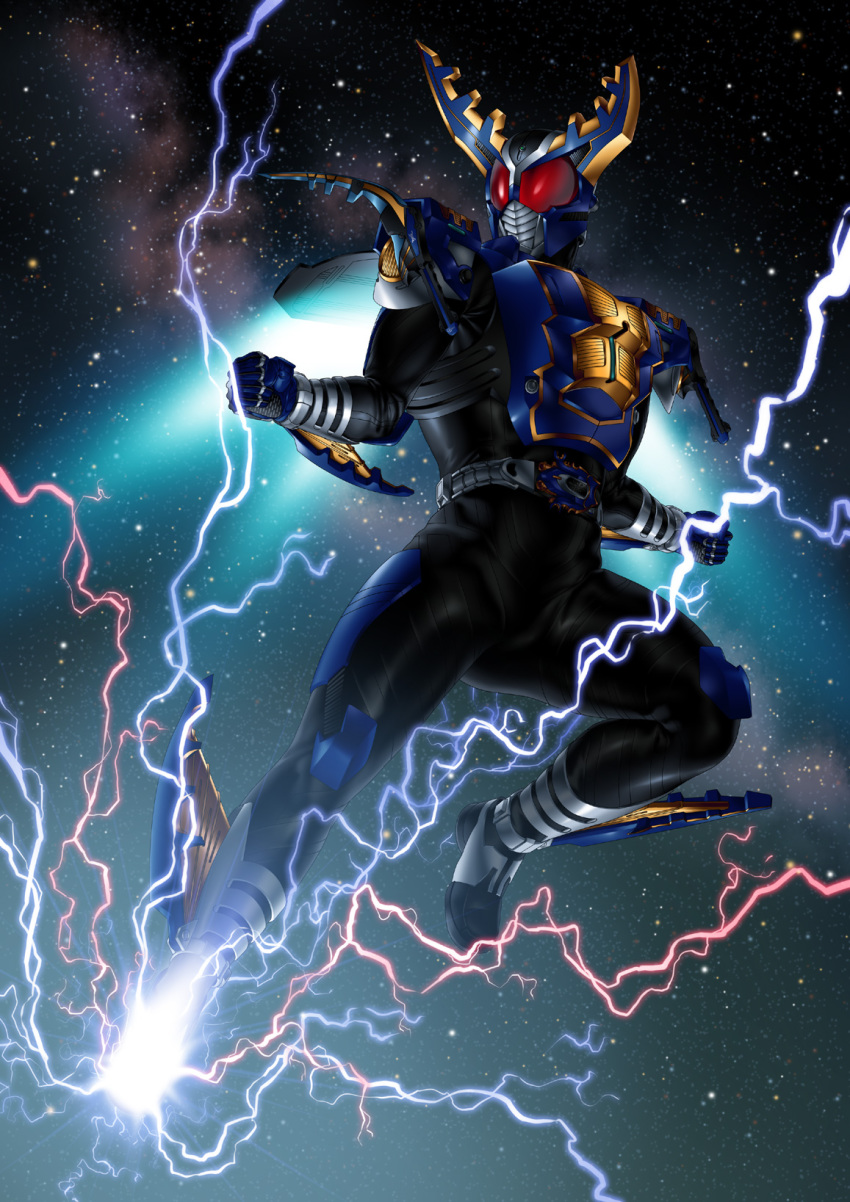 1boy belt electricity flying_kick highres horns kamen_rider kamen_rider_gatack kamen_rider_kabuto_(series) kicking male_focus solo suzume_inui