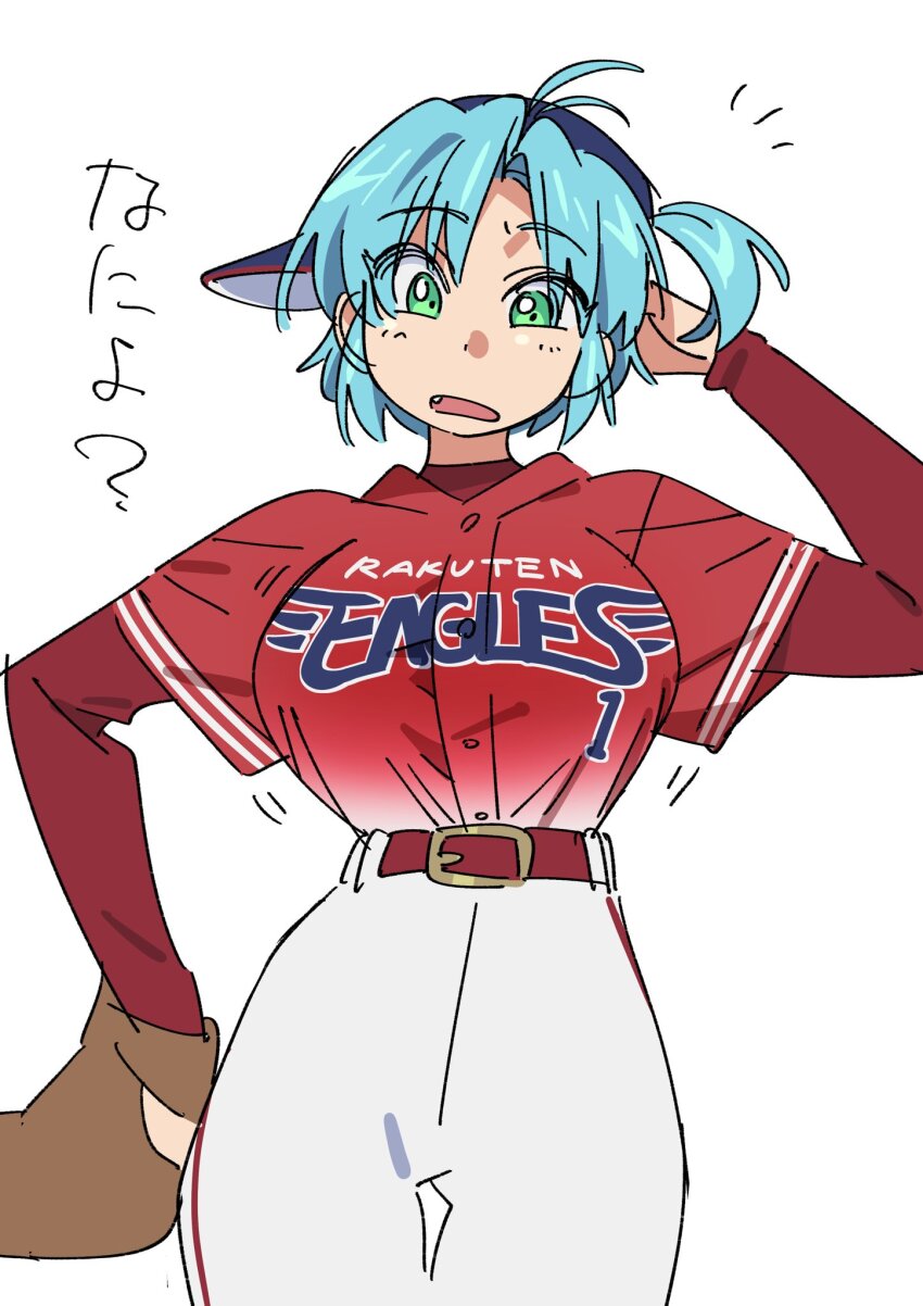 1girl antenna_hair arm_behind_head baseball_cap baseball_glove baseball_jersey baseball_uniform belt blue_hair bouncing_breasts breasts commentary_request cowboy_shot fang green_eyes hand_on_own_hip hat head_tilt highres home_(houmei) jersey jikkyou_powerful_pro_yakyuu large_breasts layered_sleeves long_sleeves looking_at_viewer narrow_waist nippon_professional_baseball notice_lines one_side_up pants parted_bangs red_belt red_shirt shirt shirt_tucked_in short_hair short_over_long_sleeves short_sleeves sideways_hat simple_background solo sportswear tachibana_mizuki_(pawapro) tented_shirt thigh_gap touhoku_rakuten_golden_eagles translation_request undershirt white_background white_pants wide_hips