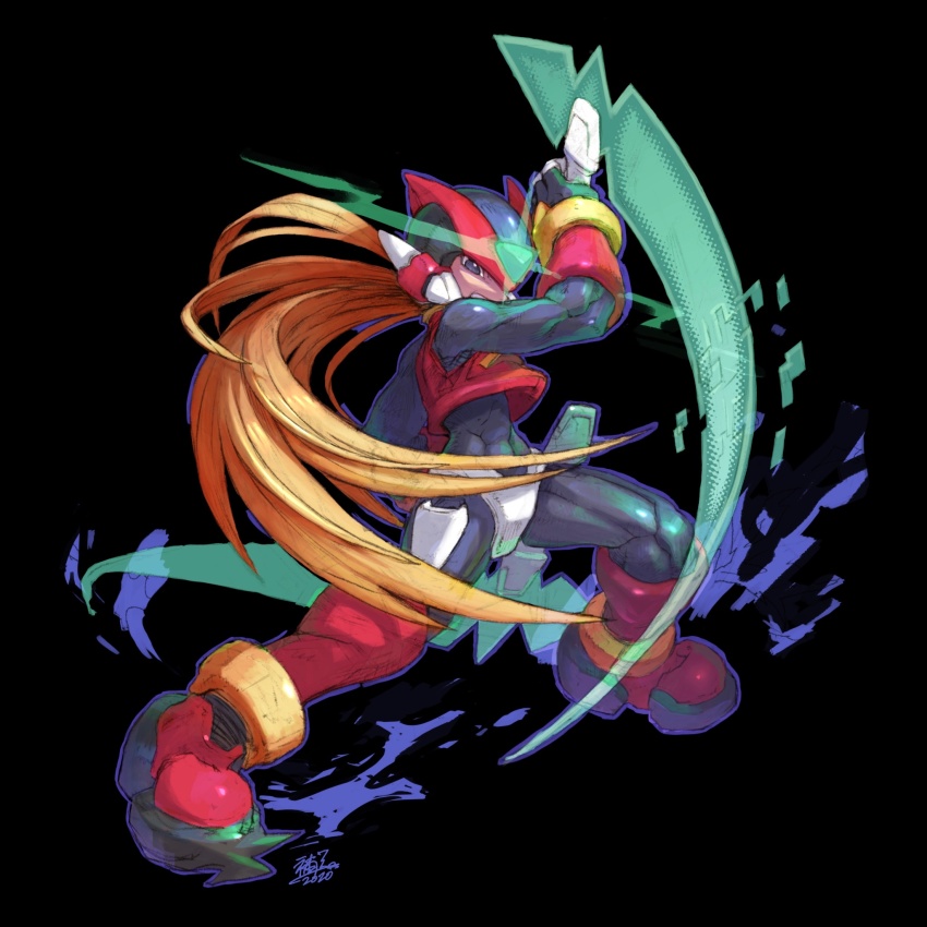 1boy armor black_background black_eyes bladed_tonfa blonde_hair boots commentary_request crop_top energy_blade forehead_jewel full_body helmet highres hoketsu holding holding_weapon long_hair male_focus mega_man_(series) mega_man_zero_(series) mega_man_zero_3 red_armor red_boots red_helmet simple_background solo tonfa weapon zero(z)_(mega_man) zero_(mega_man)