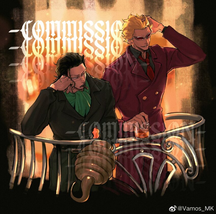 2boys ascot black_hair black_shirt blonde_hair cigar commission crocodile_(one_piece) cup donquixote_doflamingo green_ascot grin holding holding_cup hook_hand jacket long_sleeves looking_at_another male_focus multiple_boys necktie one_piece red-tinted_eyewear red_jacket red_necktie shirt short_hair smile smoking stitched_face stitches tinted_eyewear vamos_mk white-framed_eyewear