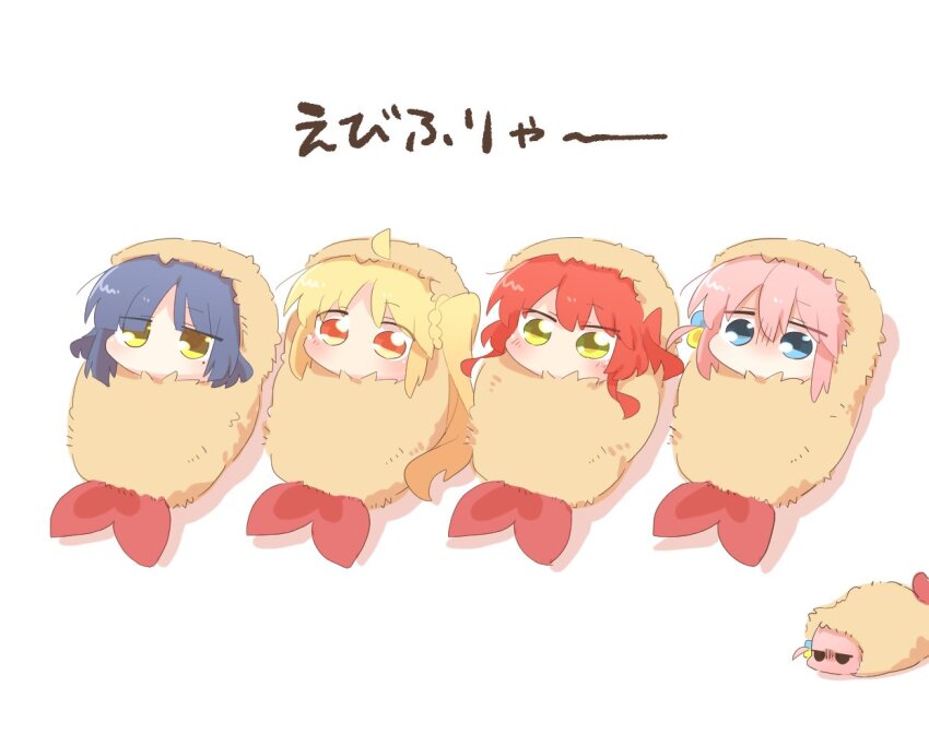 4girls ahoge blonde_hair blue_eyes blue_hair bocchi_the_rock! chibi chibi_only cube_hair_ornament detached_ahoge food gotoh_hitori gotoh_hitori_(tsuchinoko) hair_ornament ijichi_nijika kita_ikuyo mole mole_under_eye multiple_girls one_side_up orange_eyes pink_hair rebecca_(keinelove) red_hair shadow shrimp shrimp_tempura side_ahoge tempura white_background yamada_ryo yellow_eyes
