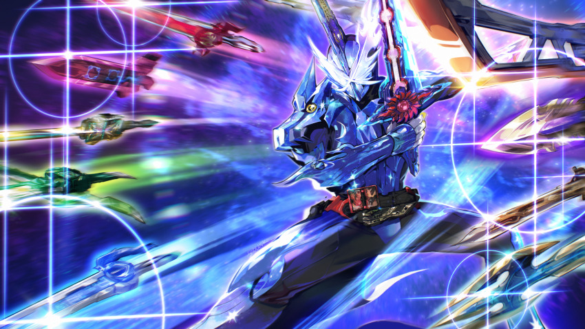 1boy absurdres alternate_form armor badluck blue_armor bodysuit finishing_move full_body gloves helmet highres holding holding_sword holding_weapon kamen_rider kamen_rider_saber kamen_rider_saber_(series) kamen_rider_xross_saber male_focus mask pauldrons rider_belt shoulder_armor sparkle sword tokusatsu visor_(armor) weapon wonder_ride_book