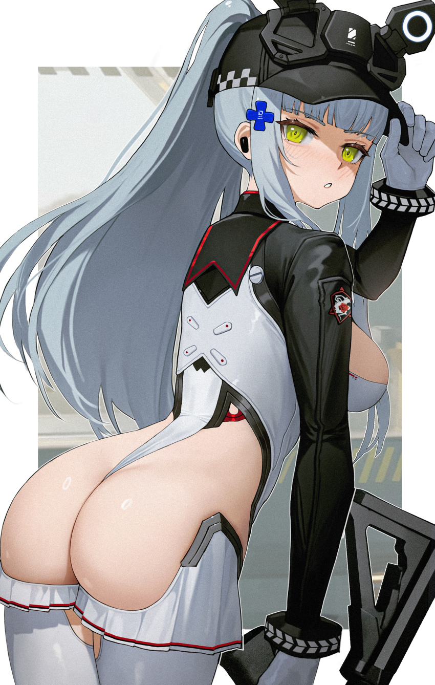 1girl absurdres adjusting_clothes adjusting_headwear ass assault_rifle baseball_cap black_hat breasts cross_hair_ornament earpiece girls&#039;_frontline girls&#039;_frontline_2:_exilium green_eyes grey_hair gun h&amp;k_hk416 hair_ornament hat highres hk416_(girls&#039;_frontline) holding holding_gun holding_weapon klukai_(girls&#039;_frontline_2) klukai_(speed_star)_(girls&#039;_frontline_2) l_ract leotard long_hair medium_breasts official_alternate_costume ponytail revealing_clothes rifle solo thong_leotard weapon