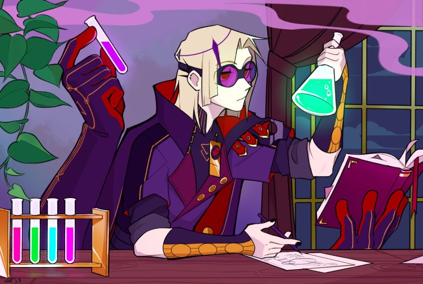 1boy beaker black_nails blonde_hair book chemicals closed_mouth extra_arms gigglepox goggles half-closed_eyes highres holding holding_book holding_pen holostars holostars_english magni_dezmond multicolored_hair pen plant solo two-tone_hair vial virtual_youtuber window writing