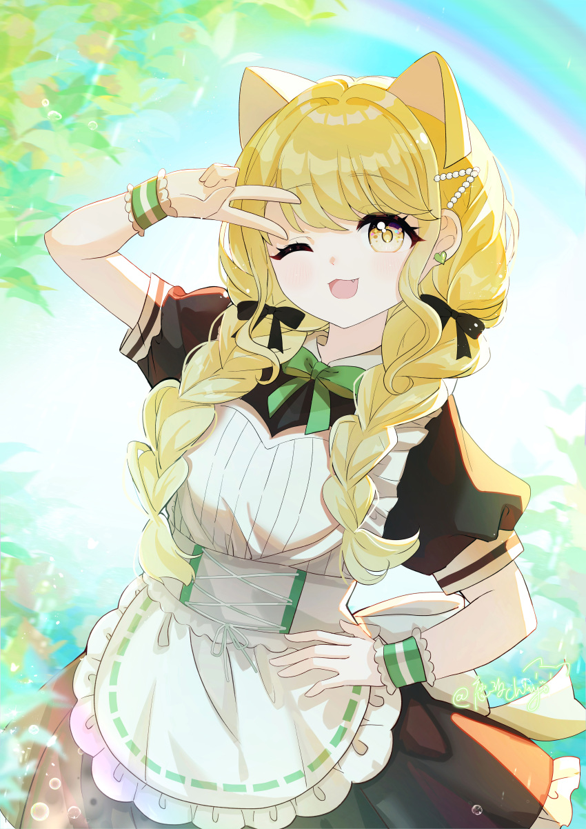 1girl ;d absurdres alternate_costume animal_ears apron black_dress black_ribbon blonde_hair bow bowtie braid cat_ears commentary_request dress earrings enmaided fang frilled_apron frilled_wristband frills fujita_kotone gakuen_idolmaster green_bow green_bowtie hair_ribbon heart heart_earrings highres idolmaster jewelry long_hair looking_at_viewer maid one_eye_closed open_mouth puffy_short_sleeves puffy_sleeves ribbon short_sleeves smile solo twin_braids v white_apron ximilulu yellow_eyes