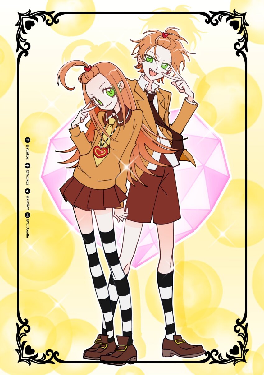1boy 1girl brown_shoes chocolat_meilleure commentary facebook_username full_body genderswap genderswap_(ftm) green_eyes hashtag-only_commentary heart heart_pendant highres long_hair looking_at_viewer necktie orange_hair school_uniform shoes short_hair skirt smile socks striped_clothes striped_socks striped_thighhighs sugar_sugar_rune symbol-only_commentary thighhighs twitter_username v yuzikoz_mega