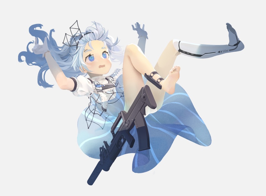 1girl ads_(girls&#039;_frontline) ads_amphibious_rifle assault_rifle barefoot blue_dress blush bullpup caseless_firearm dress dual-medium_assault_rifle falling female_focus floating_hair full_body girls&#039;_frontline gloves grenade_launcher gun headband highres kbp_instrument_design_bureau leg_strap long_gun long_hair looking_away mechanical_legs multiple-barrel_gun open_mouth puffy_short_sleeves puffy_sleeves rifle russian_text short_sleeves single_mechanical_leg soles solo suppressor tianliang_duohe_fangdongye tskib_soo underbarrel_grenade_launcher underwater_firearm weapon white_dress white_gloves
