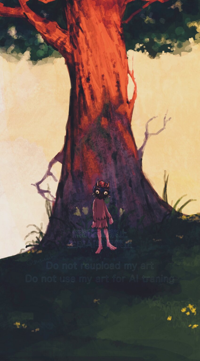 1boy absurdres brown_hair flower full_body grass gus_uur highres majora_(entity) mask moon_children nintendo no_shoes outdoors shorts solo standing the_legend_of_zelda the_legend_of_zelda:_majora&#039;s_mask tree