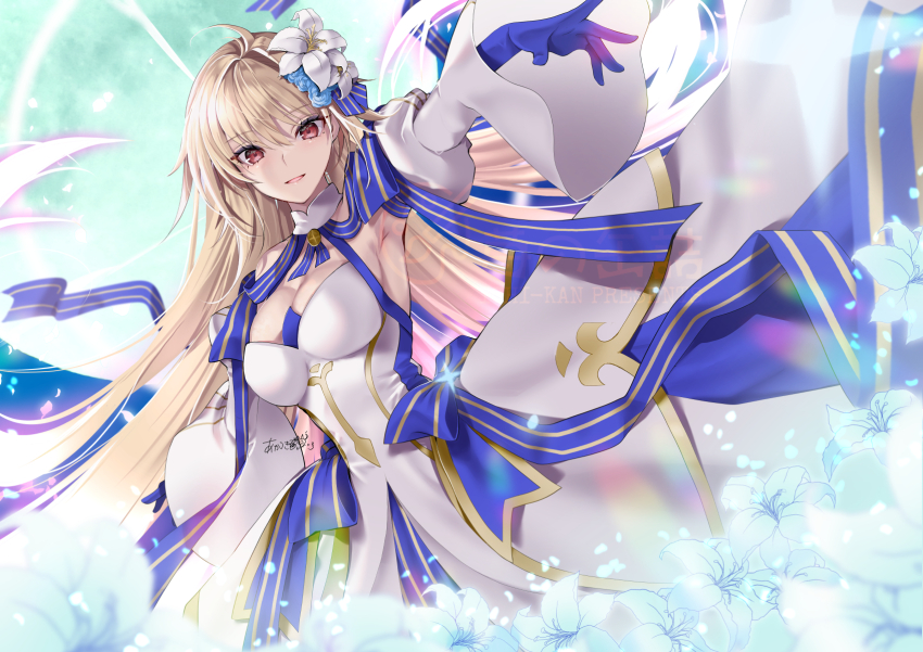 1girl akatsuki_hijiri antenna_hair archetype_earth archetype_earth_(third_ascension) arcueid_brunestud bare_shoulders blonde_hair blue_gloves breasts cleavage detached_collar detached_sleeves dress fate/grand_order fate_(series) flower full_moon gloves glowing glowing_hair hair_flower hair_ornament highres large_breasts long_hair looking_at_viewer moon multicolored_skirt open_mouth princess_outfit red_eyes single_hair_intake skirt smile solo very_long_hair white_dress
