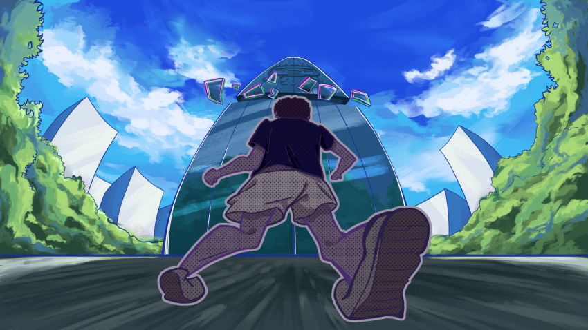 1boy black_shirt blue_sky brown_hair brown_shoes brown_shorts building commentary day english_commentary from_behind full_body highres male_focus manatsu_no_yo_no_inmu mushroomsucy outdoors shirt shoes short_hair shorts sky skyscraper solo standing toono_(coat) tree