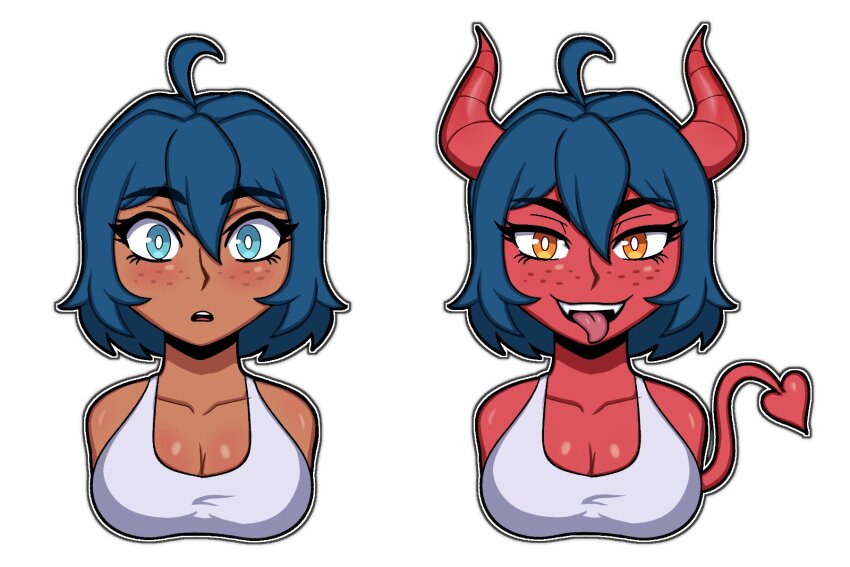 2girls ahoge blue_eyes blue_hair breasts cleavage colored_skin commentary dark-skinned_female dark_skin demon_girl demon_horns demon_tail dual_persona english_commentary fangs freckles highres horns large_breasts ludinsketches medium_hair multiple_girls open_mouth orange_eyes original red_skin smile tail tank_top tongue tongue_out white_tank_top
