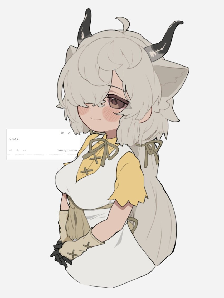 1girl blush bow brown_eyes cowboy_shot dress extra_ears frilled_sleeves frills gloves hair_bow hair_over_one_eye highres kemono_friends long_hair masaratta ox_ears ox_girl ox_horns ox_tail shirt short_sleeves sidelocks solo t-shirt translation_request twintails white_dress white_gloves white_hair yak_(kemono_friends) yellow_shirt