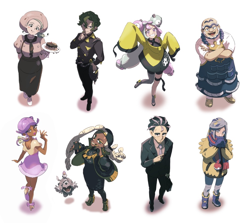 4boys 4girls :d apron beard black_eyes black_jacket black_pants blue_mittens blue_scarf boots bow-shaped_hair brassius_(pokemon) buttons character_hair_ornament closed_mouth commentary_request crossed_arms dark-skinned_female dark_skin drill_hair earrings facial_hair food green_hair grey_footwear grey_shirt grin grusha_(pokemon) hair_ornament hand_on_own_hip hand_up hands_up hat highres iono_(pokemon) jacket jewelry katy_(pokemon) kofu_(pokemon) larry_(pokemon) long_hair mittens multicolored_hair multiple_boys multiple_girls nintendo open_mouth pants pink_hair plate pokemon pokemon_sv purple_hair purple_skirt ramu_(touko0zero) ryme_(pokemon) scarf shirt shoes short_sleeves single_leg_pantyhose skirt sleeveless sleeveless_shirt smile standing teeth thigh_strap tulip_(pokemon) twintails two-tone_hair white_shirt yellow_jacket