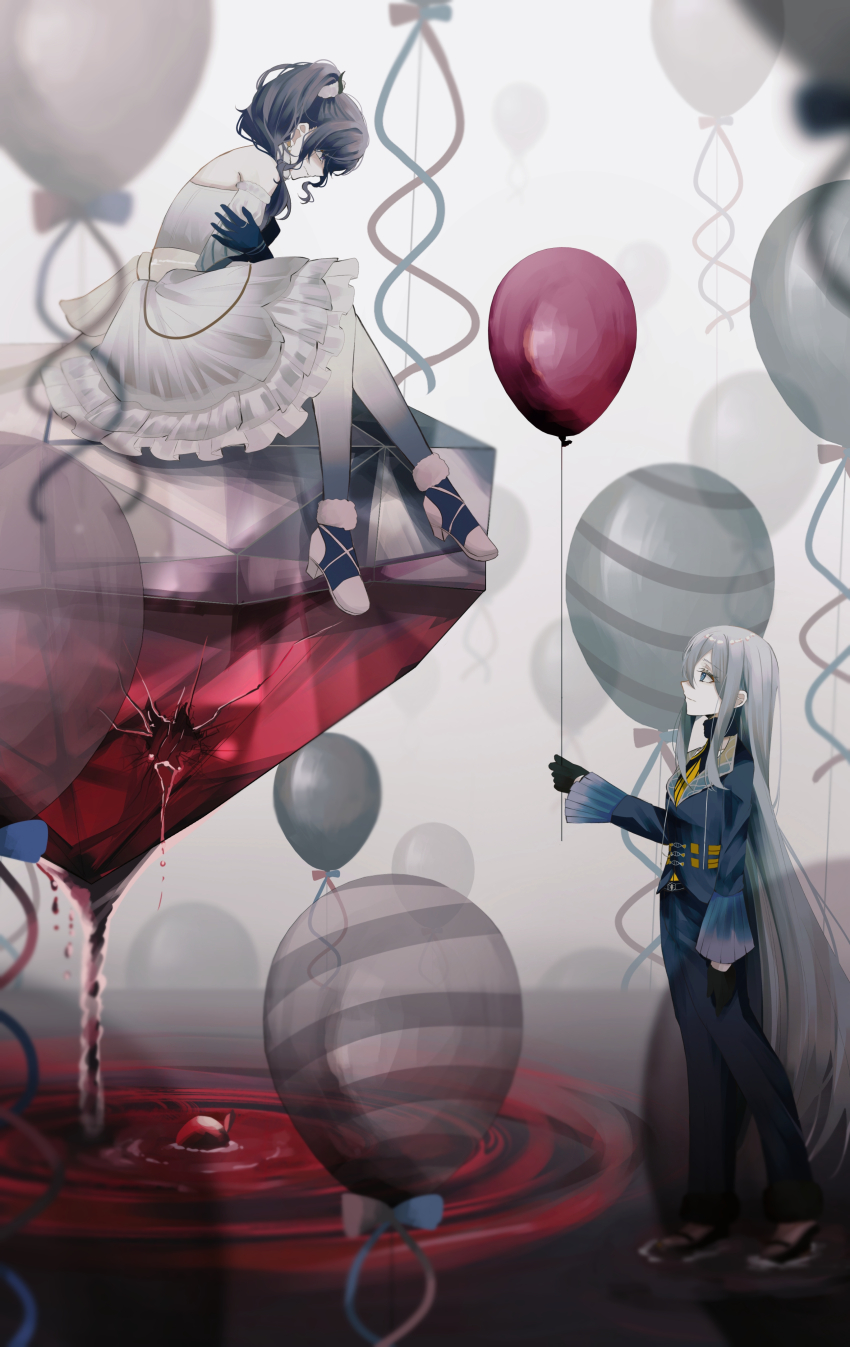 2girls absurdres apple asahina_mafuyu balloon belt black_belt black_gloves black_pants black_shirt blue_eyes blue_gloves blue_jacket blue_pantyhose blue_shoes brown_shoes closed_mouth commentary crack cracked_glass detached_sleeves diamond_(shape) dna double_helix dress food from_side fruit full_body fur-trimmed_shoes fur_collar gloves gradient_pantyhose hair_between_eyes hair_ornament hair_scrunchie half_gloves highres holding holding_balloon jacket lapels long_hair looking_at_another multiple_girls official_alternate_costume pants pantyhose partially_shaded_face ponytail project_sekai purple_eyes purple_hair ripples ritzchrono scrunchie self_hug shirt shoes sidelocks sitting standing symbol-only_commentary two-tone_shirt unreliable_notes_(project_sekai) very_long_hair white_dress white_hair white_pantyhose white_scrunchie white_sleeves wide_sleeves yellow_shirt yoisaki_kanade