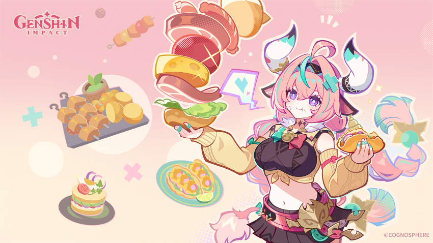 1girl :t ahoge animal_ears aqua_hair bandaid_on_horn bell bell_earrings braid bread breasts cheese cow_ears cow_girl cow_horns cow_tail cowbell ear_bell earrings eating food food_on_face genshin_impact hairband highres holding holding_food holding_sandwich horns jewelry lettuce long_hair low_twin_braids meat multicolored_hair multicolored_hairband navel official_art pink_bandaid pink_hair pink_tail purple_eyes sandwich skewer skirt solo streaked_hair taco tail tomato tomato_slice twin_braids varesa_(genshin_impact) white_horns yellow_sleeves
