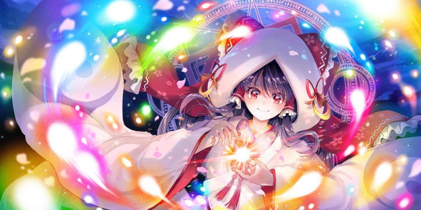 1girl alternate_costume azuma_aya bow brown_hair closed_mouth commentary danmaku english_commentary frilled_bow frilled_hair_tubes frills game_cg hair_bow hair_tubes hakurei_reimu hakurei_reimu_(sacred_white_shrine_maiden) highres japanese_clothes kimono long_hair long_sleeves magic_circle official_art print_kimono red_bow shiromuku smile solo third-party_source touhou touhou_lostword uchikake white_kimono wide_sleeves yin_yang yin_yang_print