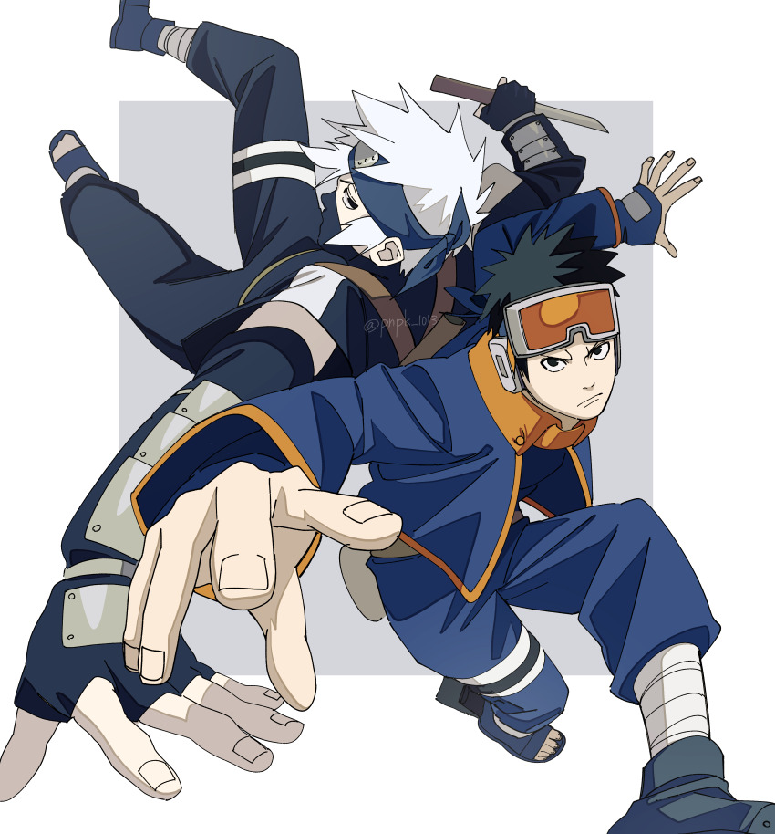 2boys absurdres back-to-back black_hair blue_jacket blue_pants closed_mouth forehead_protector goggles goggles_on_head grey_hair hatake_kakashi highres jacket long_sleeves looking_at_viewer male_focus mask mouth_mask multiple_boys naruto_(series) naruto_shippuuden open_clothes open_jacket pants pnpk_1013 short_hair spiked_hair twitter_username uchiha_obito