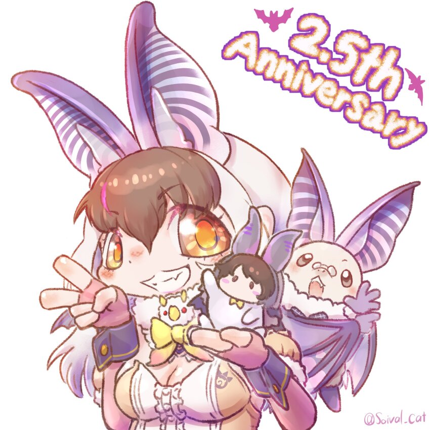 1girl animal animal_ears anniversary bat_(animal) bat_ears bat_girl bat_wings brown_eyes brown_hair brown_long-eared_bat_(kemono_friends) elbow_gloves extra_ears fingerless_gloves glasses gloves grey_hair highres japari_symbol kemono_friends kemono_friends_v_project leotard long_hair looking_at_viewer microphone multicolored_hair poporu_(kemono_friends) saival_cat simple_background streaked_hair upper_body v virtual_youtuber wings